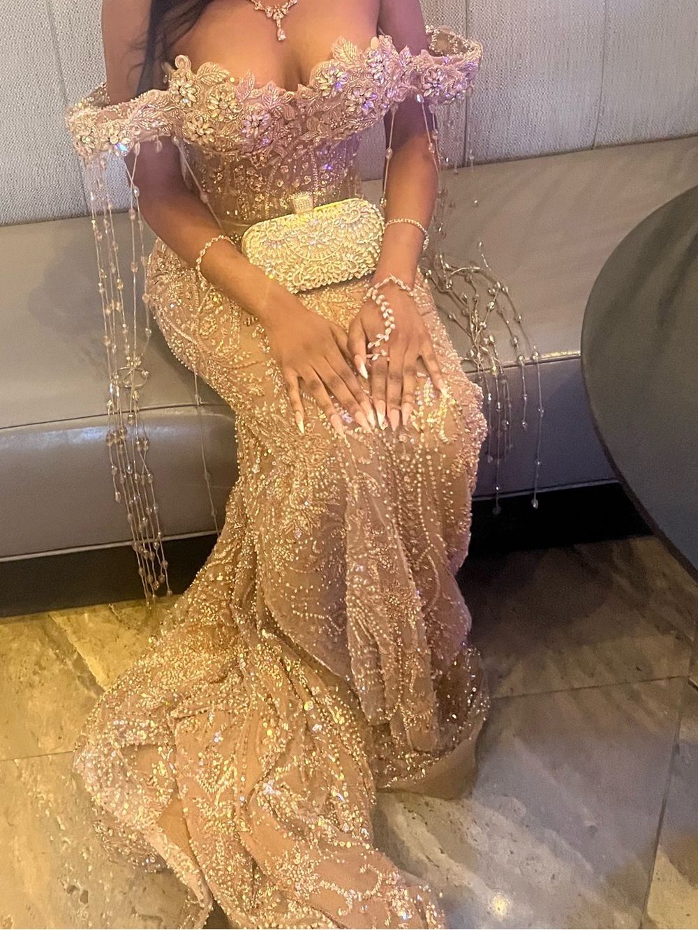 Custom Gold Embellished Off-Shoulder Prom Dress